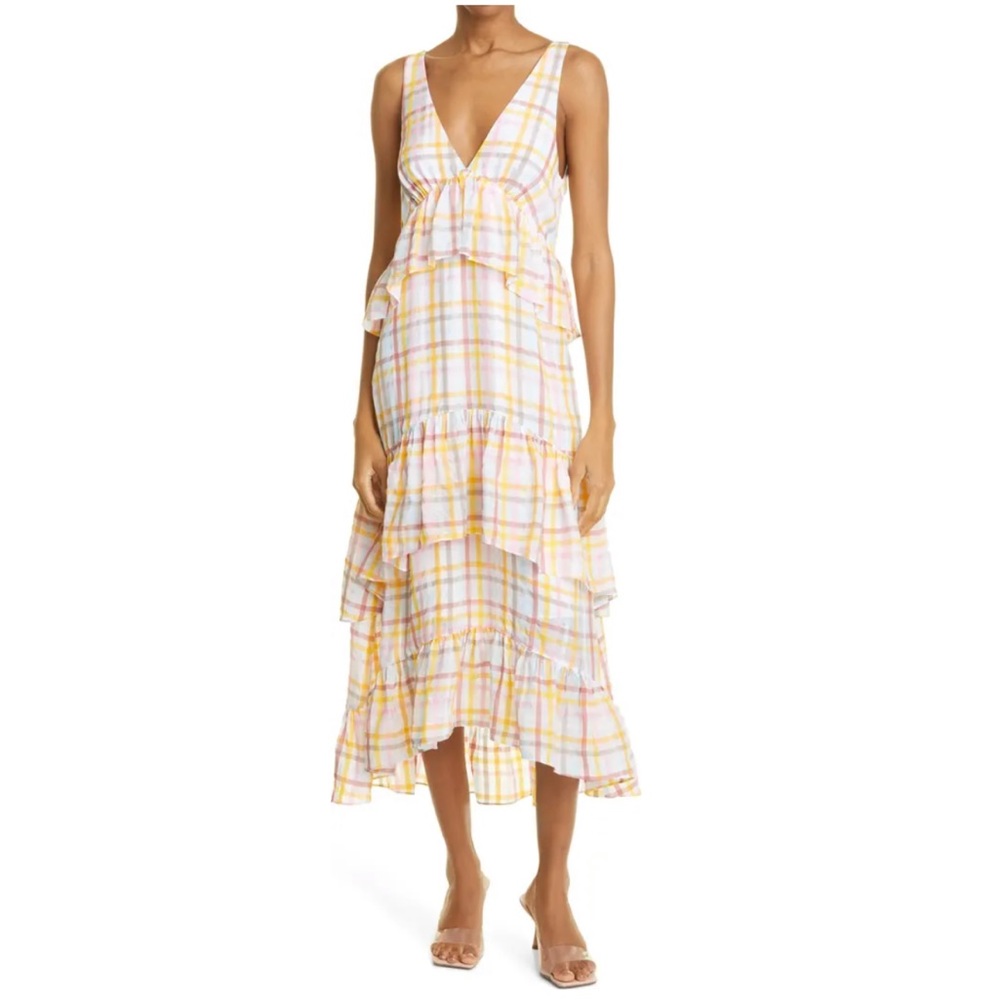 CINQ A SEPT Astor Sleeveless Plaid V Neck Tiered Midi Dress Size 8